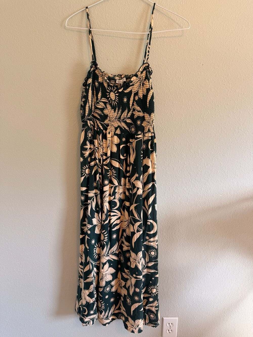 Patrons of Peace Celestial Floral Print Smocked Spaghetti Strap Maxi Dress